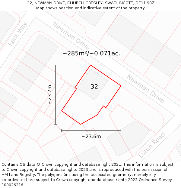 32, NEWMAN DRIVE, CHURCH GRESLEY, SWADLINCOTE, DE11 9RZ: Plot and title map