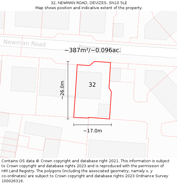 32, NEWMAN ROAD, DEVIZES, SN10 5LE: Plot and title map