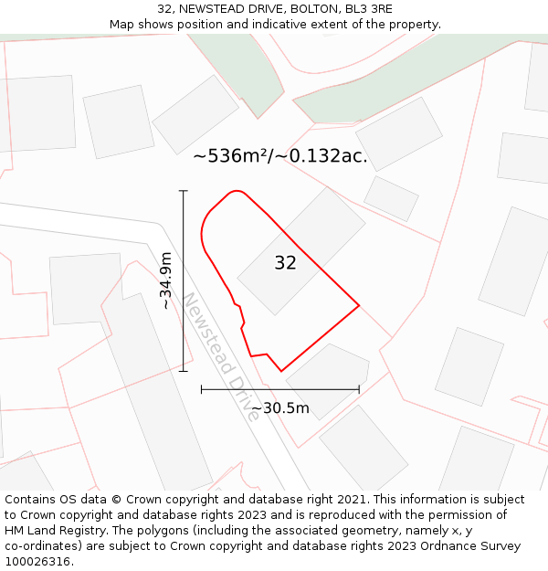 32, NEWSTEAD DRIVE, BOLTON, BL3 3RE: Plot and title map