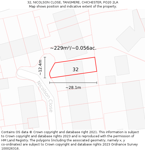 32, NICOLSON CLOSE, TANGMERE, CHICHESTER, PO20 2LA: Plot and title map