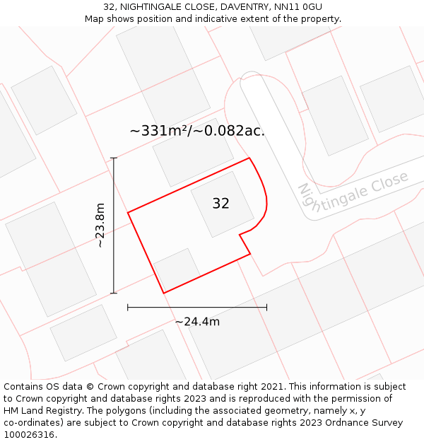32, NIGHTINGALE CLOSE, DAVENTRY, NN11 0GU: Plot and title map