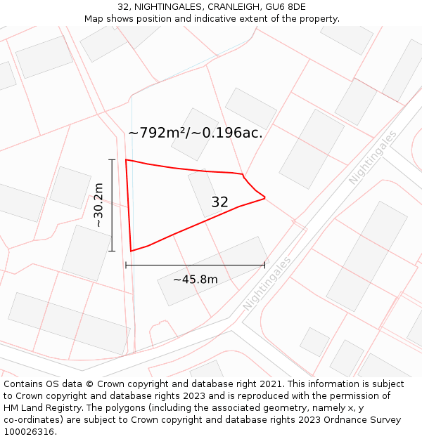 32, NIGHTINGALES, CRANLEIGH, GU6 8DE: Plot and title map