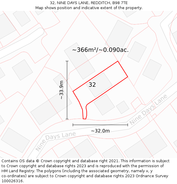 32, NINE DAYS LANE, REDDITCH, B98 7TE: Plot and title map