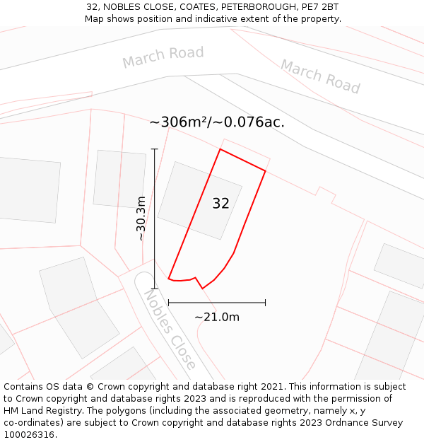 32, NOBLES CLOSE, COATES, PETERBOROUGH, PE7 2BT: Plot and title map
