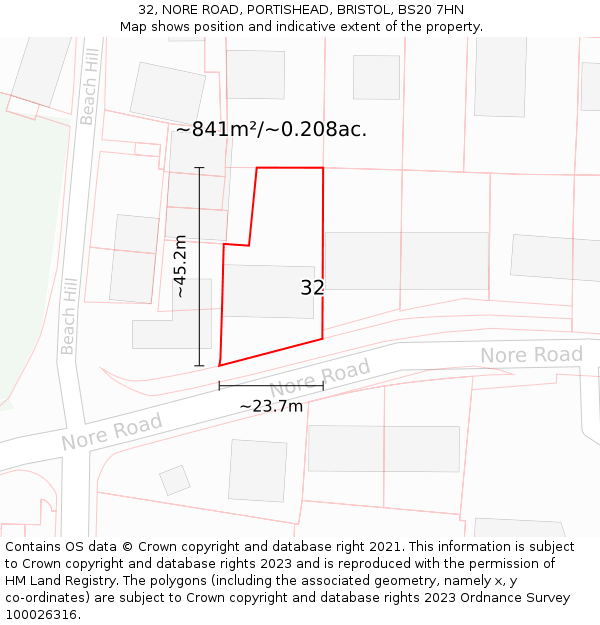 32, NORE ROAD, PORTISHEAD, BRISTOL, BS20 7HN: Plot and title map