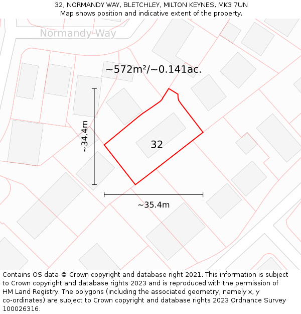 32, NORMANDY WAY, BLETCHLEY, MILTON KEYNES, MK3 7UN: Plot and title map