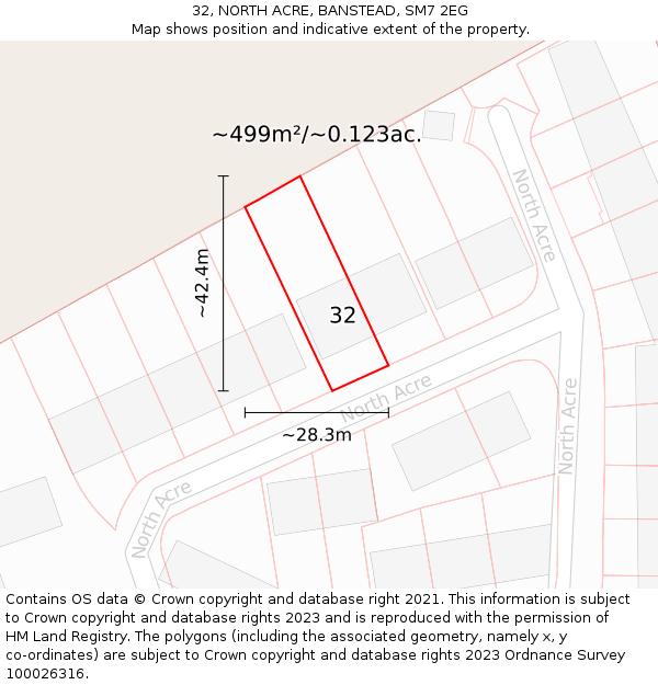 32, NORTH ACRE, BANSTEAD, SM7 2EG: Plot and title map