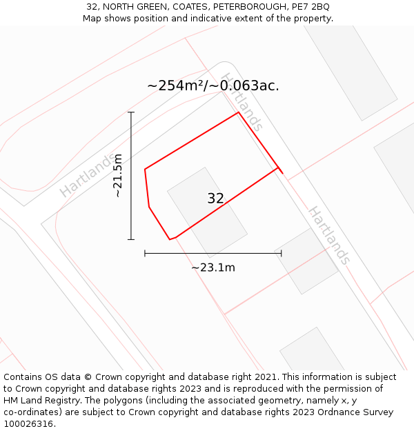 32, NORTH GREEN, COATES, PETERBOROUGH, PE7 2BQ: Plot and title map