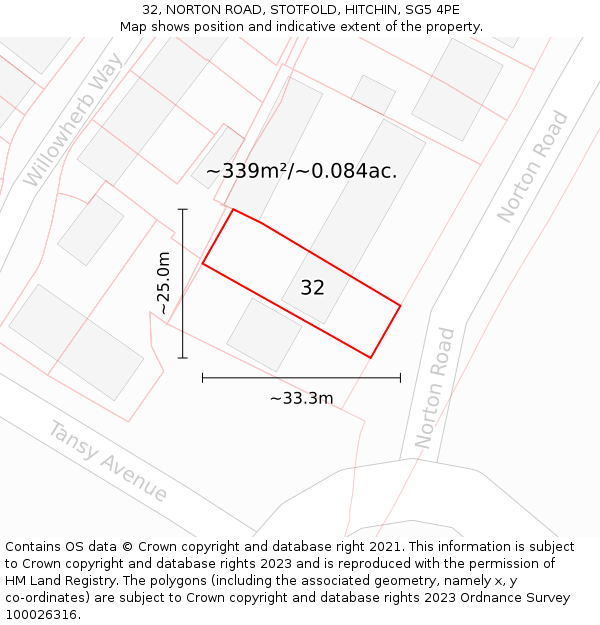 32, NORTON ROAD, STOTFOLD, HITCHIN, SG5 4PE: Plot and title map