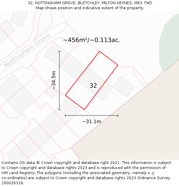 32, NOTTINGHAM GROVE, BLETCHLEY, MILTON KEYNES, MK3 7WD: Plot and title map