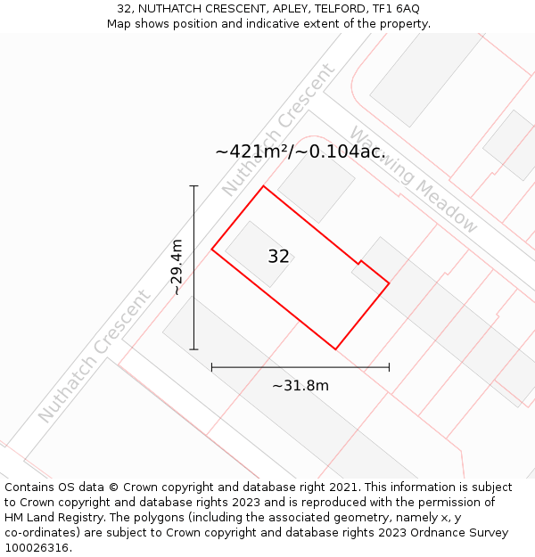 32, NUTHATCH CRESCENT, APLEY, TELFORD, TF1 6AQ: Plot and title map