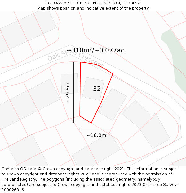 32, OAK APPLE CRESCENT, ILKESTON, DE7 4NZ: Plot and title map