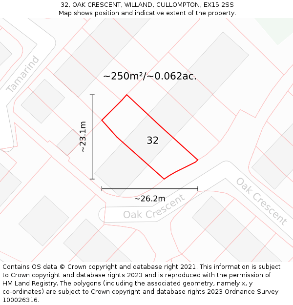 32, OAK CRESCENT, WILLAND, CULLOMPTON, EX15 2SS: Plot and title map