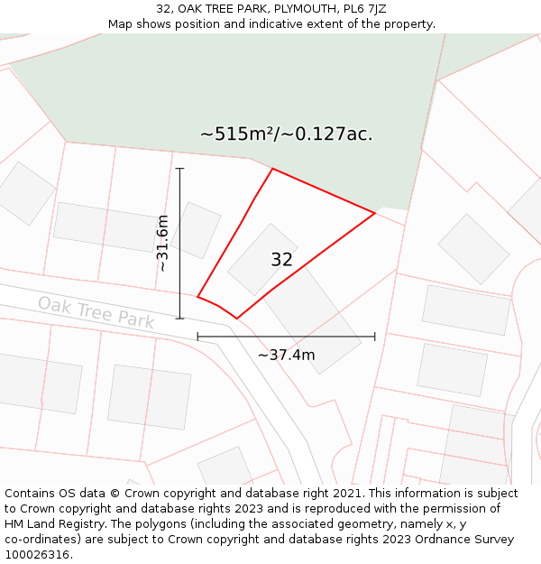 32, OAK TREE PARK, PLYMOUTH, PL6 7JZ: Plot and title map
