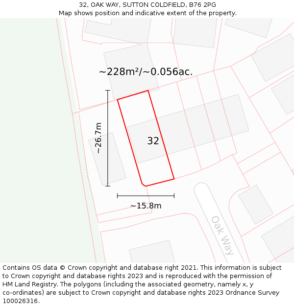 32, OAK WAY, SUTTON COLDFIELD, B76 2PG: Plot and title map