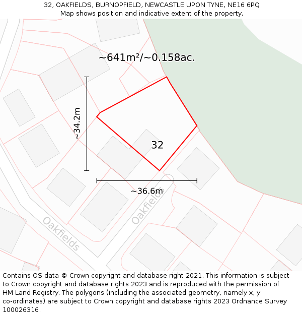 32, OAKFIELDS, BURNOPFIELD, NEWCASTLE UPON TYNE, NE16 6PQ: Plot and title map