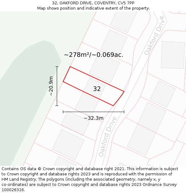 32, OAKFORD DRIVE, COVENTRY, CV5 7PP: Plot and title map
