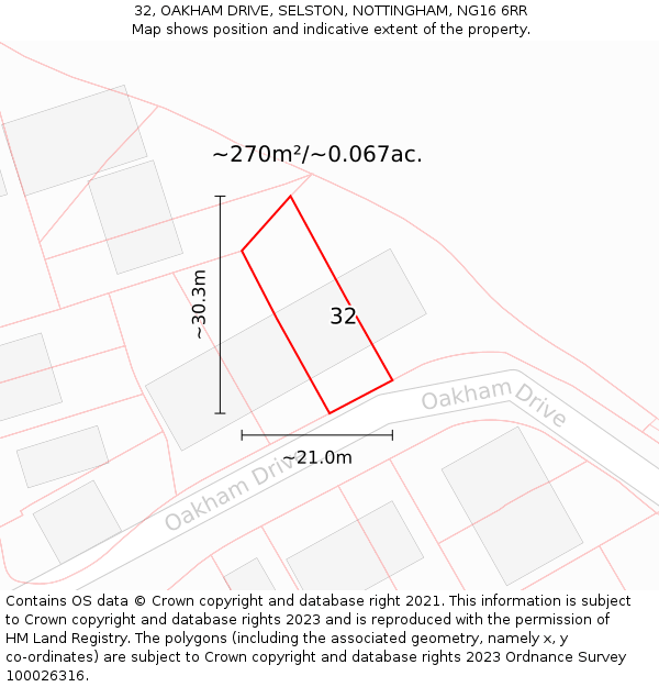 32, OAKHAM DRIVE, SELSTON, NOTTINGHAM, NG16 6RR: Plot and title map