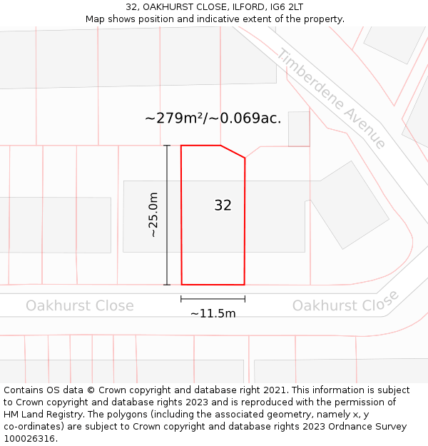 32, OAKHURST CLOSE, ILFORD, IG6 2LT: Plot and title map