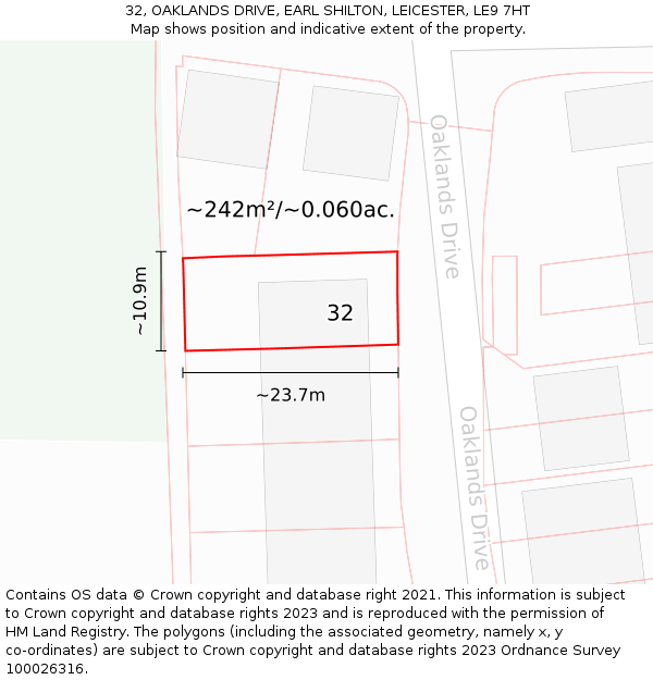 32, OAKLANDS DRIVE, EARL SHILTON, LEICESTER, LE9 7HT: Plot and title map