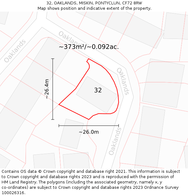 32, OAKLANDS, MISKIN, PONTYCLUN, CF72 8RW: Plot and title map