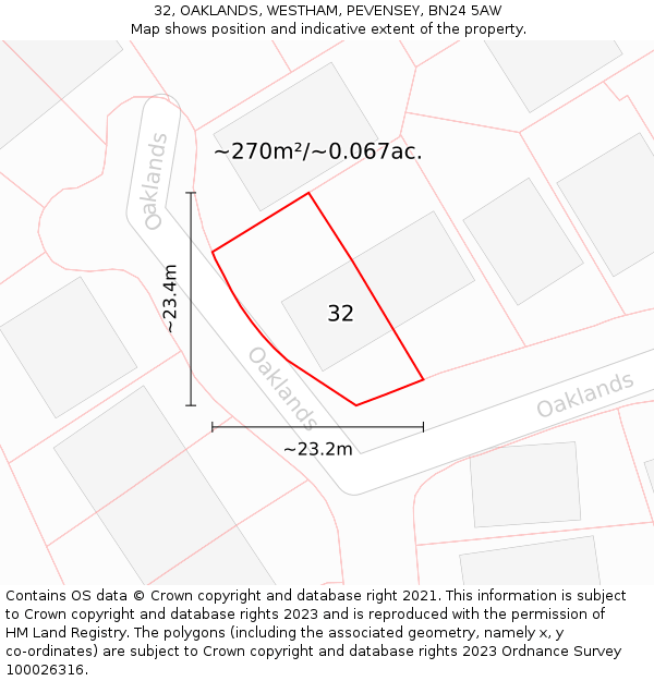 32, OAKLANDS, WESTHAM, PEVENSEY, BN24 5AW: Plot and title map