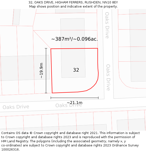 32, OAKS DRIVE, HIGHAM FERRERS, RUSHDEN, NN10 8EY: Plot and title map
