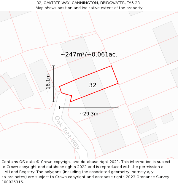 32, OAKTREE WAY, CANNINGTON, BRIDGWATER, TA5 2RL: Plot and title map