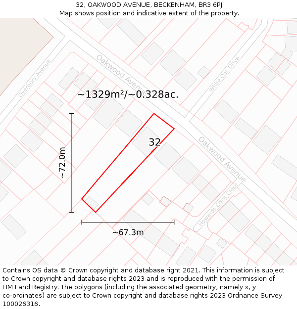 32, OAKWOOD AVENUE, BECKENHAM, BR3 6PJ: Plot and title map