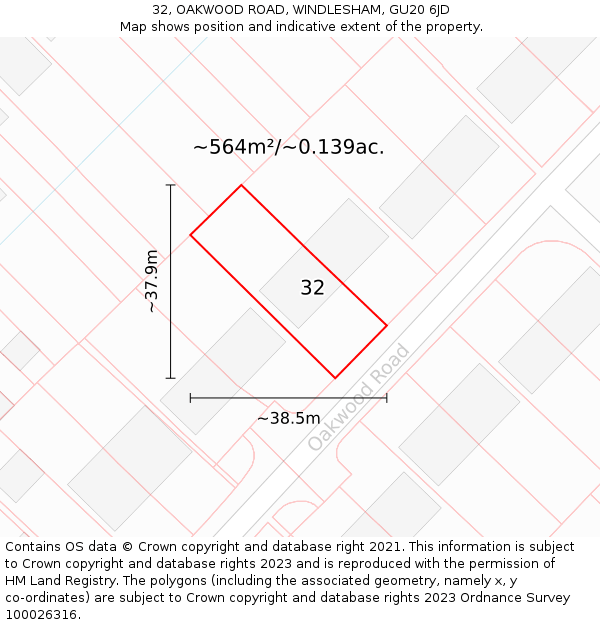 32, OAKWOOD ROAD, WINDLESHAM, GU20 6JD: Plot and title map