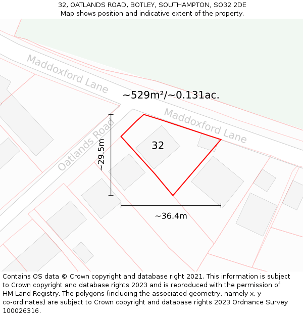 32, OATLANDS ROAD, BOTLEY, SOUTHAMPTON, SO32 2DE: Plot and title map