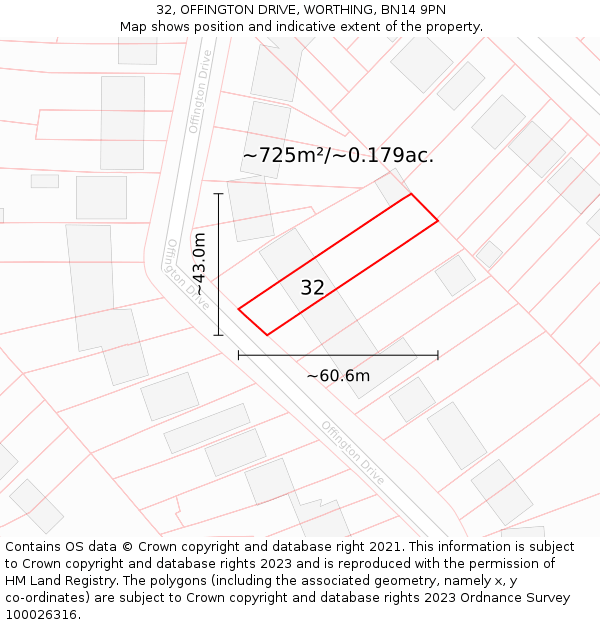 32, OFFINGTON DRIVE, WORTHING, BN14 9PN: Plot and title map