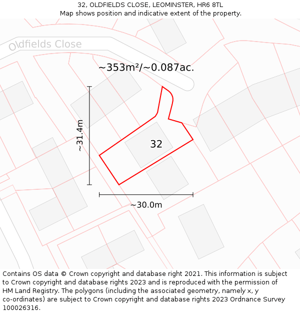 32, OLDFIELDS CLOSE, LEOMINSTER, HR6 8TL: Plot and title map