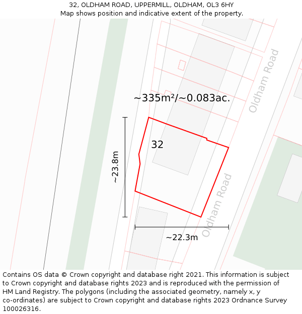 32, OLDHAM ROAD, UPPERMILL, OLDHAM, OL3 6HY: Plot and title map