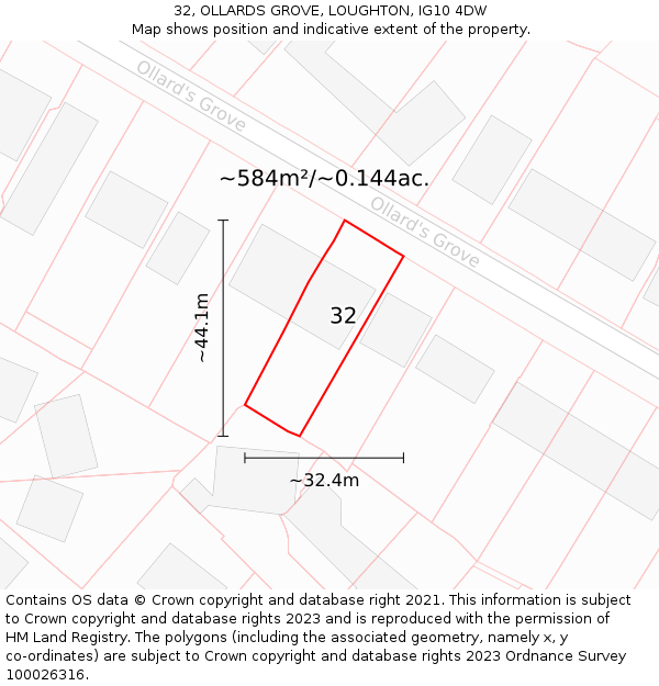 32, OLLARDS GROVE, LOUGHTON, IG10 4DW: Plot and title map