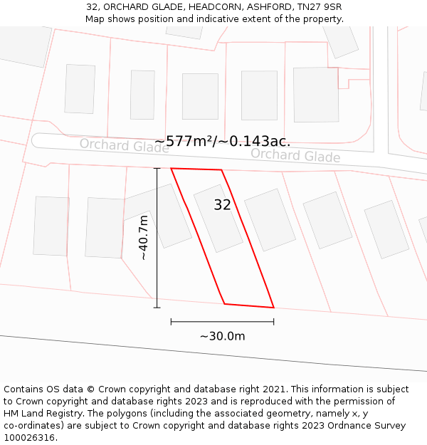 32, ORCHARD GLADE, HEADCORN, ASHFORD, TN27 9SR: Plot and title map