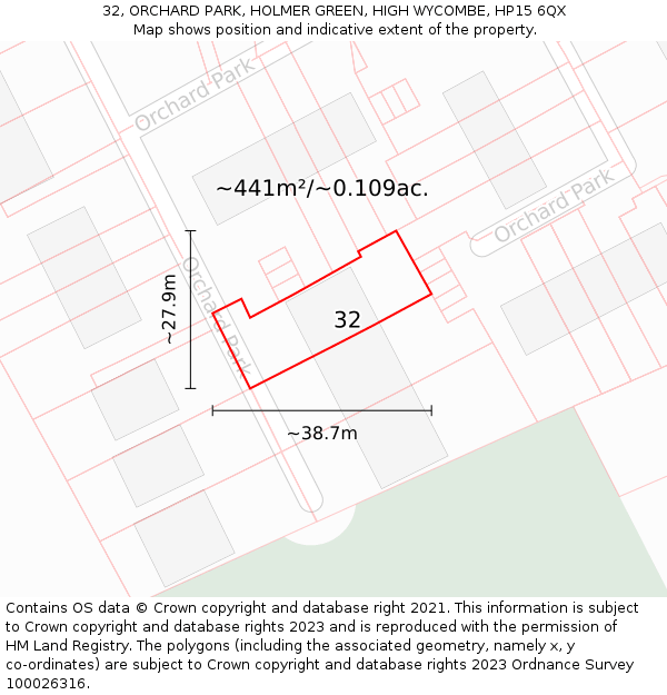 32, ORCHARD PARK, HOLMER GREEN, HIGH WYCOMBE, HP15 6QX: Plot and title map