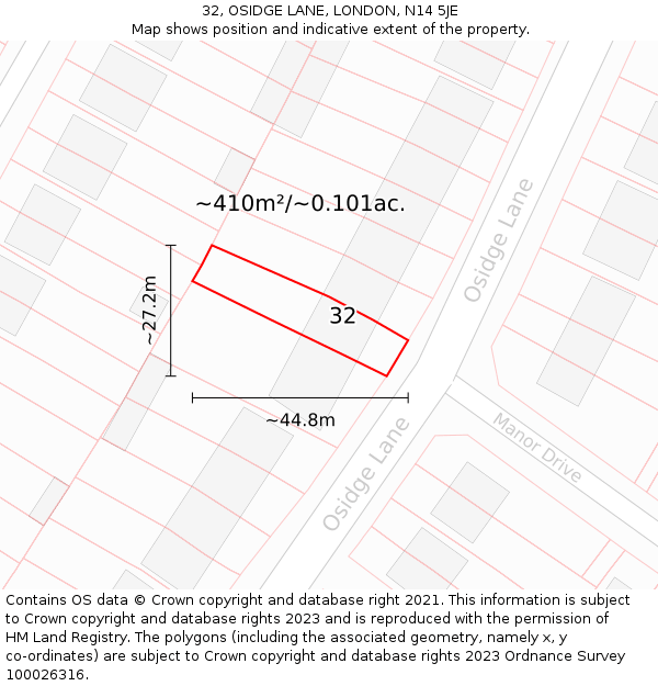 32, OSIDGE LANE, LONDON, N14 5JE: Plot and title map
