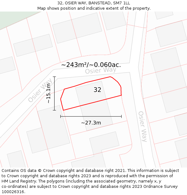32, OSIER WAY, BANSTEAD, SM7 1LL: Plot and title map