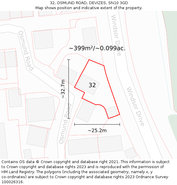 32, OSMUND ROAD, DEVIZES, SN10 3GD: Plot and title map
