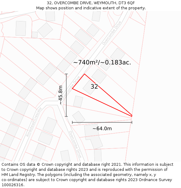 32, OVERCOMBE DRIVE, WEYMOUTH, DT3 6QF: Plot and title map