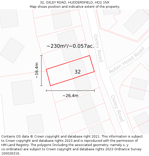 32, OXLEY ROAD, HUDDERSFIELD, HD2 1NX: Plot and title map