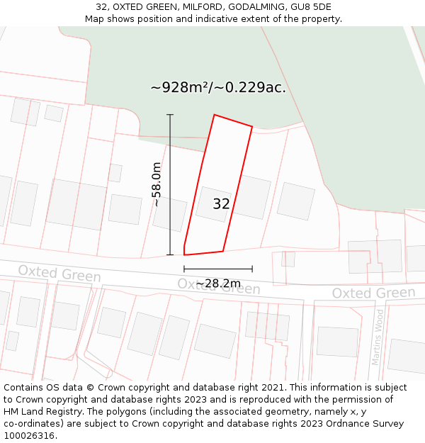 32, OXTED GREEN, MILFORD, GODALMING, GU8 5DE: Plot and title map