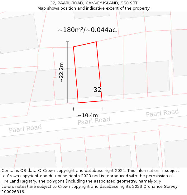 32, PAARL ROAD, CANVEY ISLAND, SS8 9BT: Plot and title map