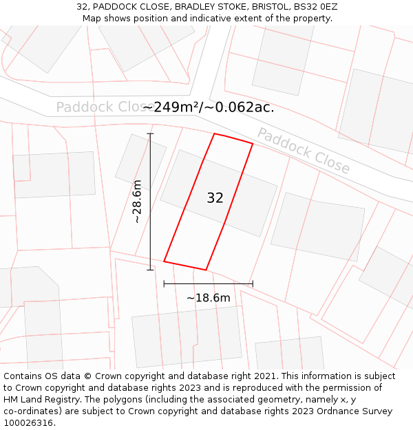32, PADDOCK CLOSE, BRADLEY STOKE, BRISTOL, BS32 0EZ: Plot and title map