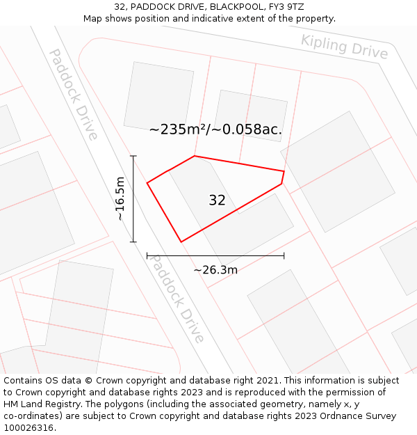 32, PADDOCK DRIVE, BLACKPOOL, FY3 9TZ: Plot and title map