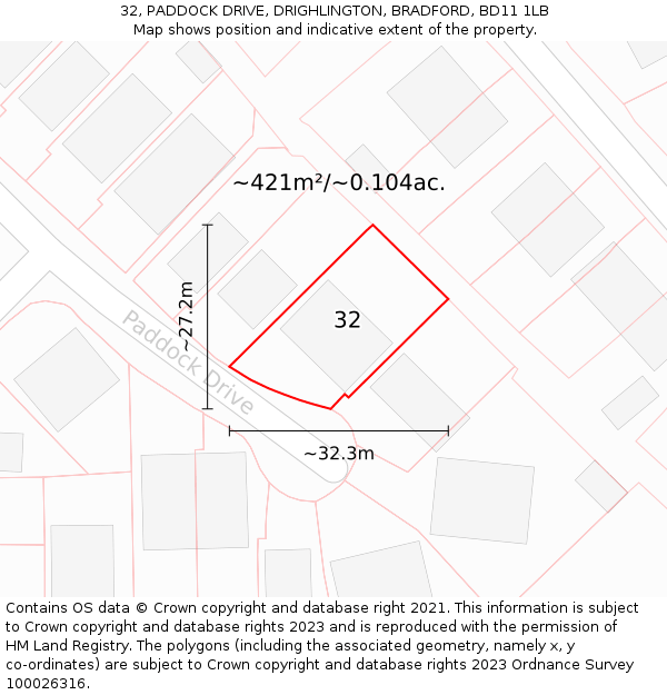 32, PADDOCK DRIVE, DRIGHLINGTON, BRADFORD, BD11 1LB: Plot and title map