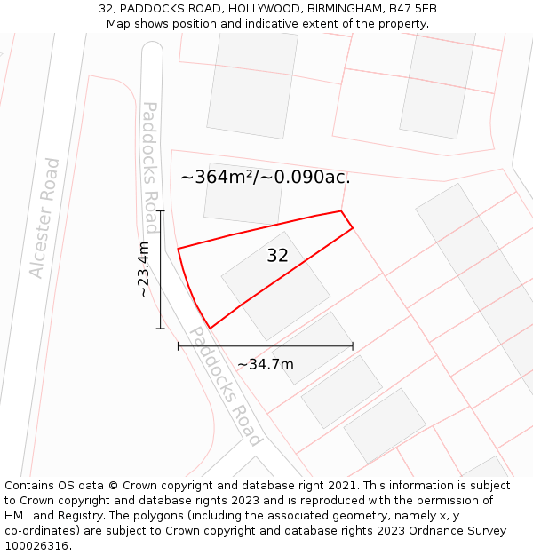 32, PADDOCKS ROAD, HOLLYWOOD, BIRMINGHAM, B47 5EB: Plot and title map