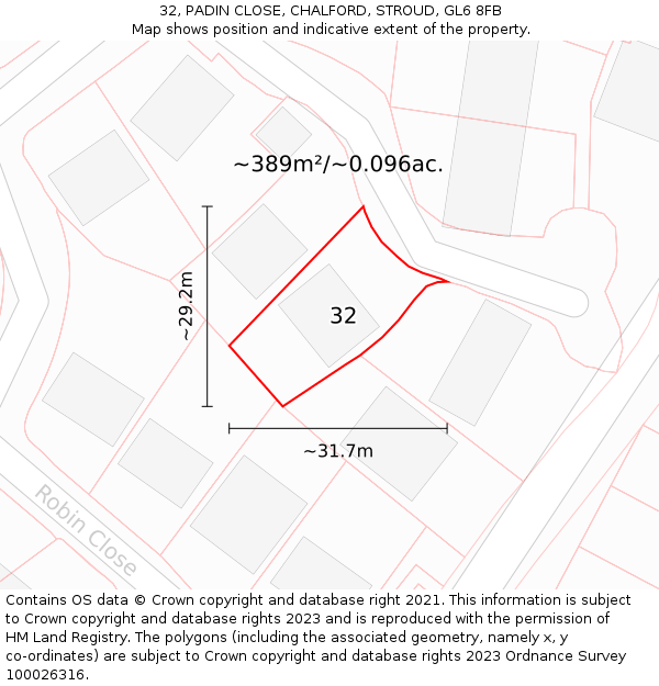 32, PADIN CLOSE, CHALFORD, STROUD, GL6 8FB: Plot and title map