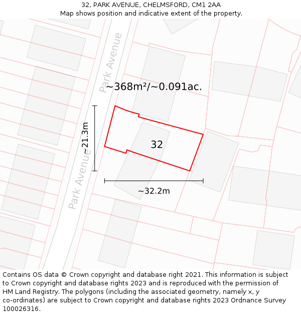 32, PARK AVENUE, CHELMSFORD, CM1 2AA: Plot and title map